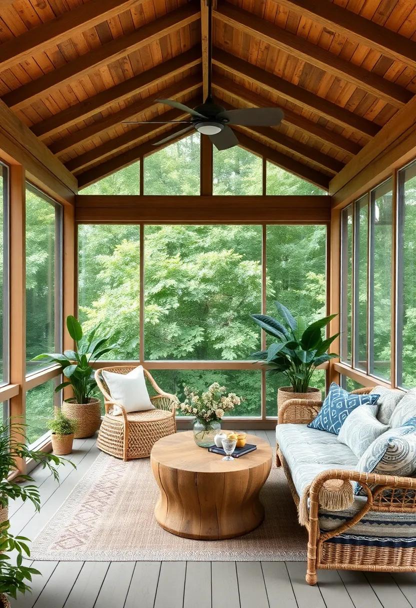 Embrace Nature: this screened porch features natural wood tones, cozy textiles, and plenty of lush greenery to create a tranquil retreat that blurs the lines between indoors and outdoors