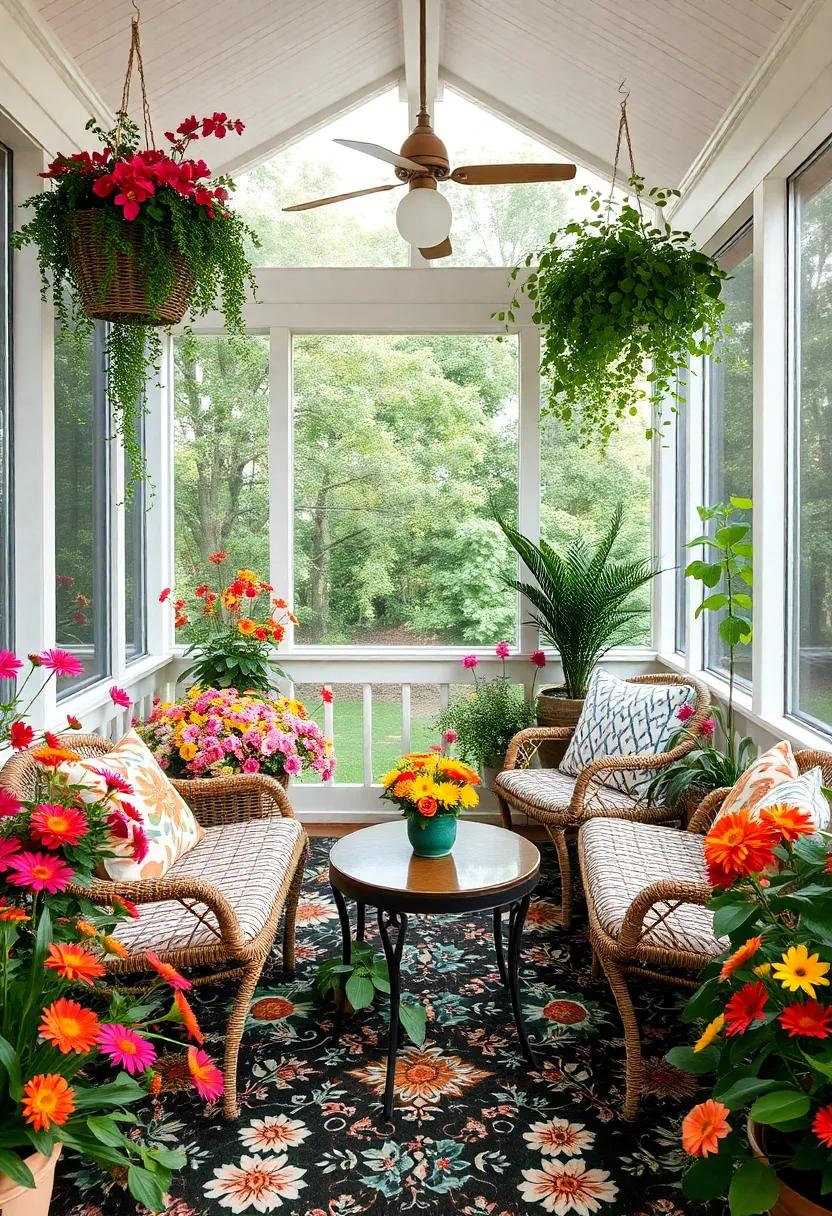 Floral Fantasy: Incorporate an array of blooming plants and floral patterns to create a lively and inviting screened porch that's bursting with color and life, reminiscent of a secret garden