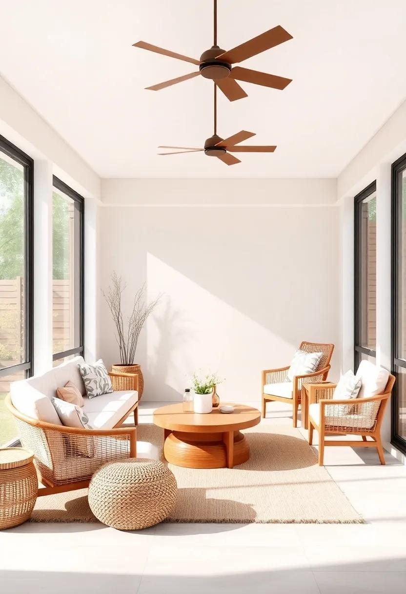 Minimalist Zen: A modern approach to boho design featuring clean lines, neutral tones, and simple yet comfortable furnishings for a serene outdoor sanctuary that promotes relaxation