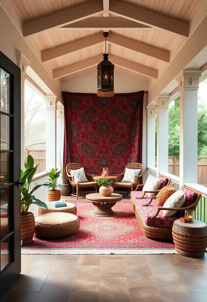 Moroccan Oasis: Indulge in rich tapestries and intricate lanterns paired with poufs for a culturally infused screened porch that acts as a serene escape filled with warmth and vibrancy