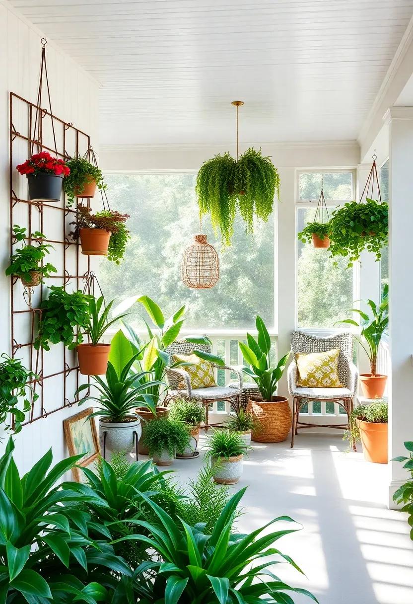Plant Paradise: Transform your porch into a lush paradise by incorporating vertical gardens, hanging planters, and a diverse array of potted plants to create an inviting green oasis