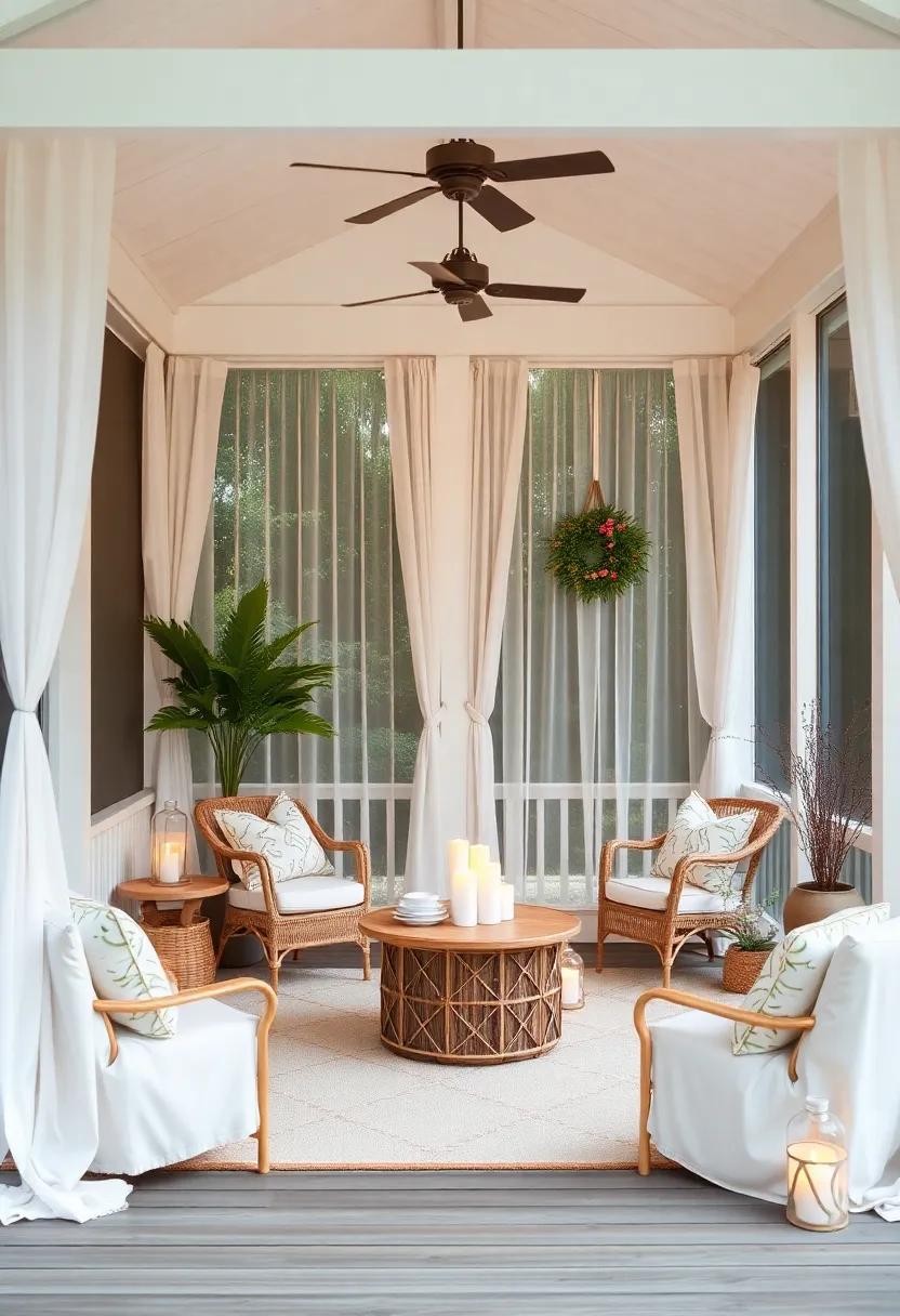 Romantic Hideaway: add sheer drapes, plush fabrics, and soft lighting for a romantic atmosphere that makes your screened porch the ideal setting for intimate gatherings