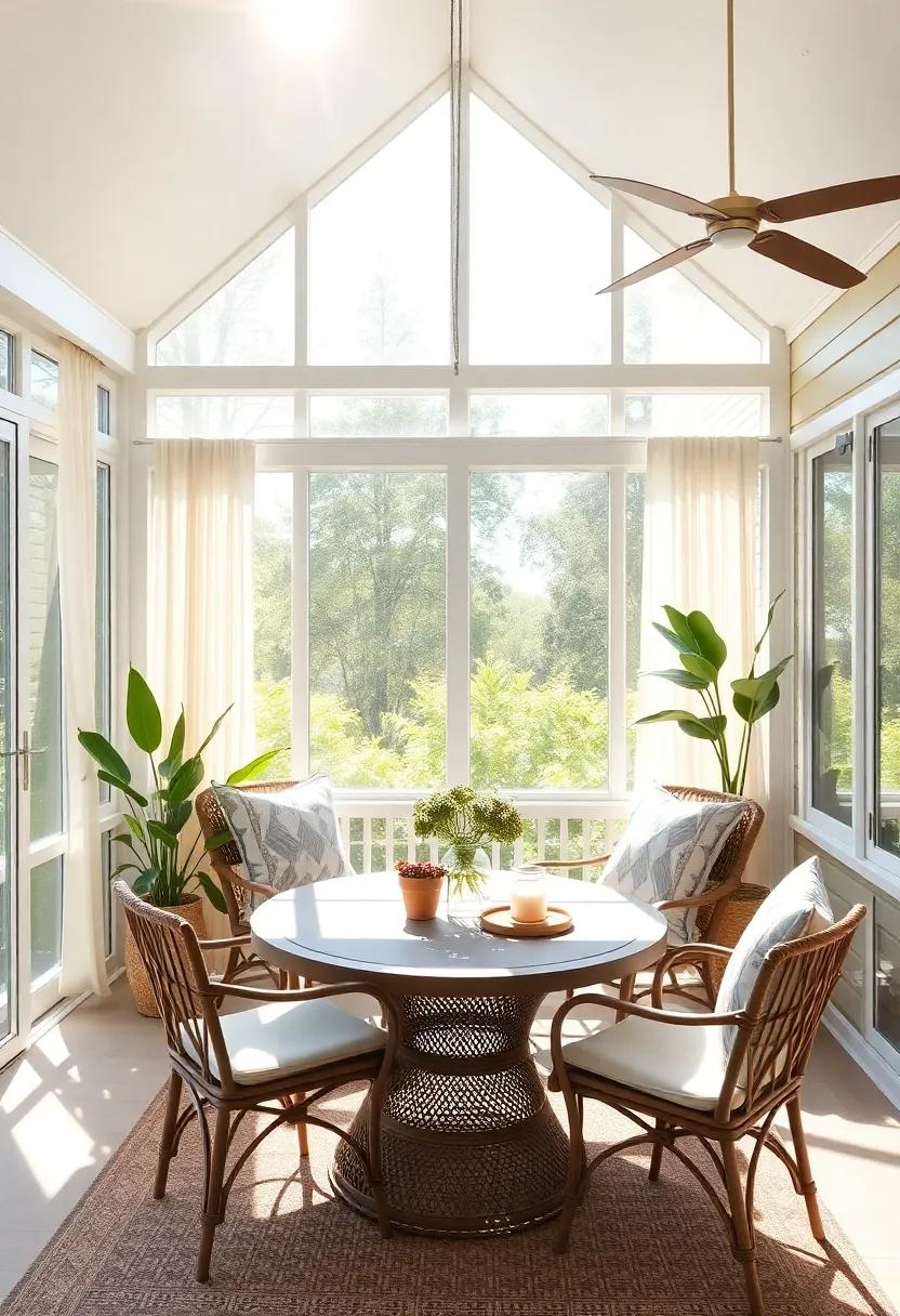 sunlit Serenity: Take advantage of ample natural light with large windows and airy curtains, enhancing the calming ambiance and making your porch feel like a sun-kissed paradise