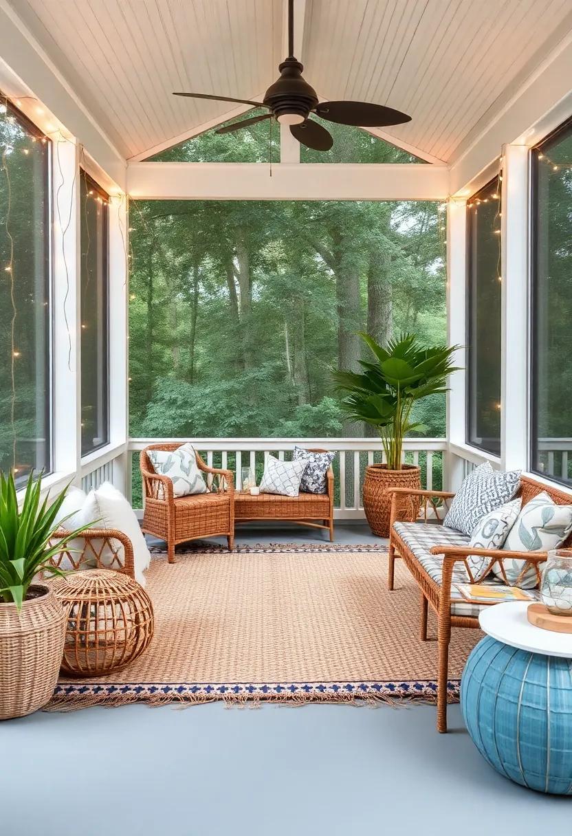 Textural Richness: Layer various textures with woven rugs, twinkling fairy lights, and tactile cushions to give your screened porch an inviting, multi-dimensional feel