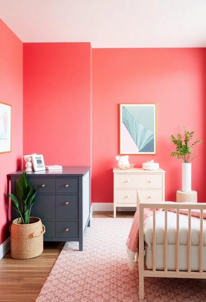 Coral Accent Wall: Paint one wall a vibrant coral shade to make a bold statement that ties the room together