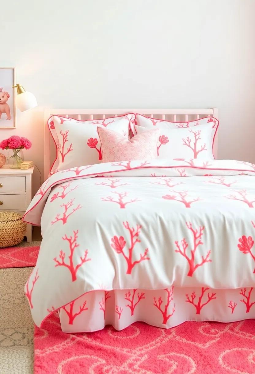 Coral-Patterned Bedding: Select bedding sets featuring coral‍ motifs or prints ⁢to serve as a colorful focal point in the nursery
