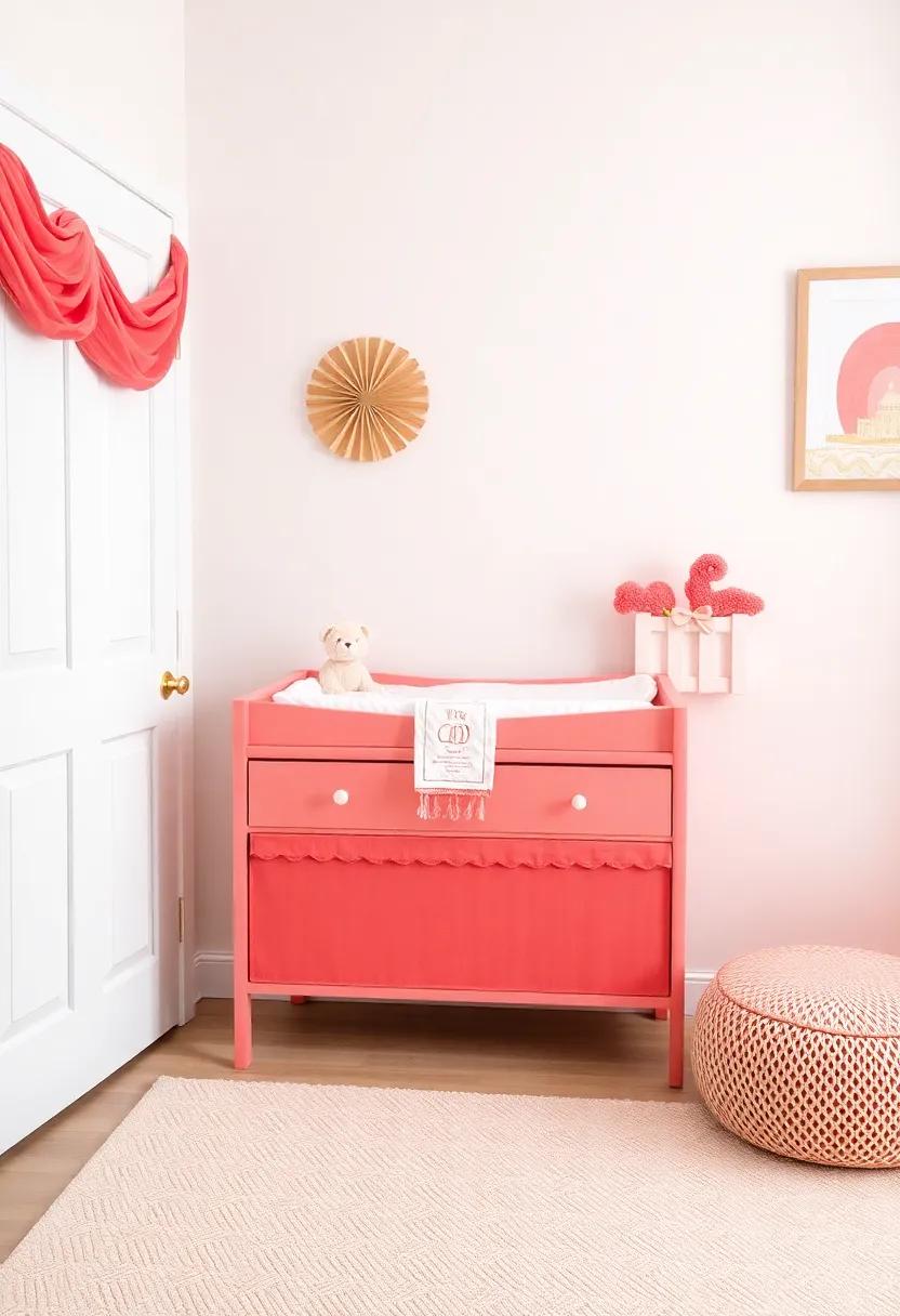 Coral-Themed Changing Table: Use‍ a changing table upholstered in coral fabric to blend functionality with style