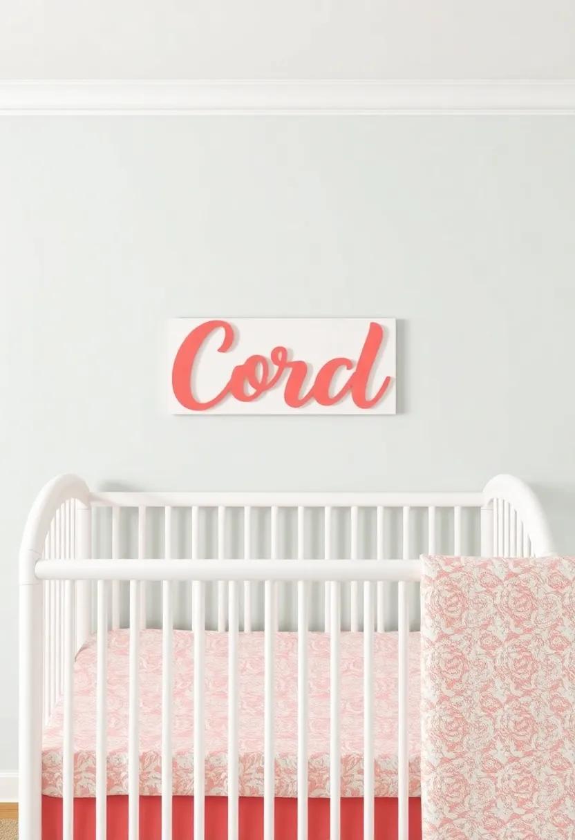 Customized Coral Name Sign: Create a personalized name sign​ painted in coral to hang above the crib, adding a special touch