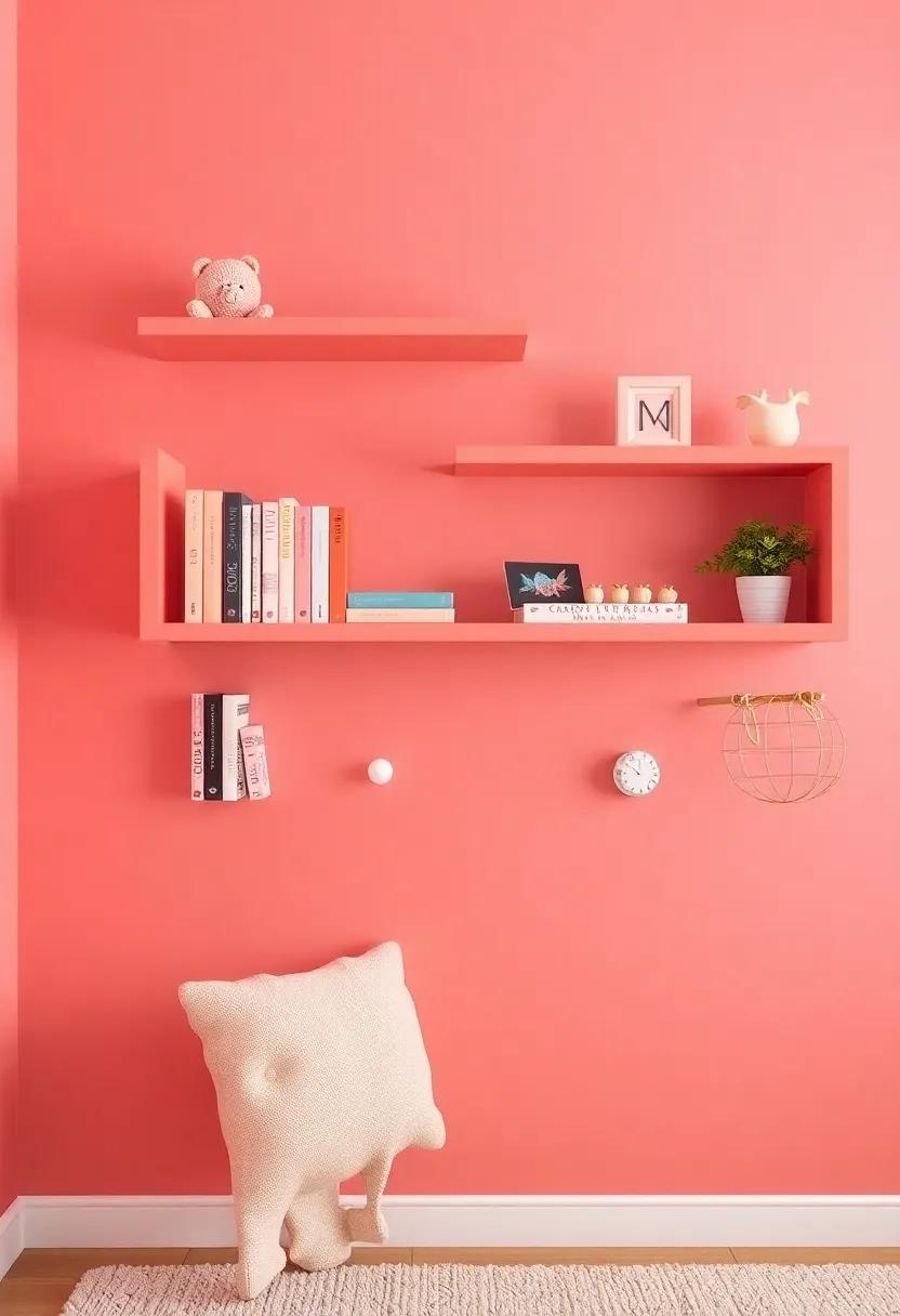 Floating Coral Shelves: Install ‌floating shelves painted in coral to display books, toys, and decorative items without taking up‌ floor space