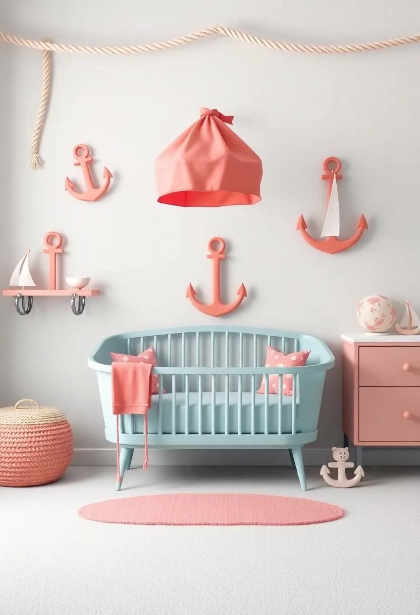Nautical Accessories: Incorporate elements like anchors, ropes, and boats in soft coral hues to complement the overall theme