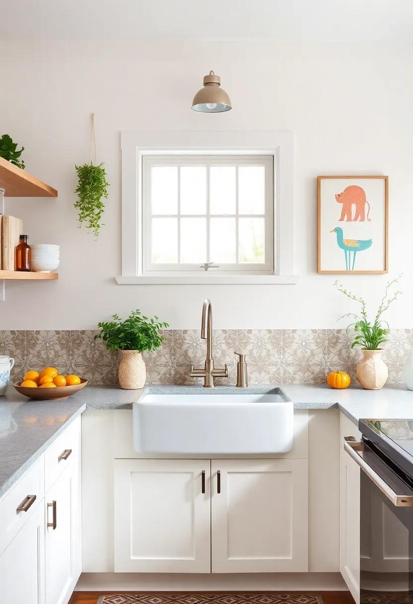 Artistic Abode: A splash of ⁣creativity reigns in ⁢this⁤ cottage kitchen, ​with a bold-colored ​farmhouse⁣ sink paired with artisan tiles and playful ‌wall art that sparks joy