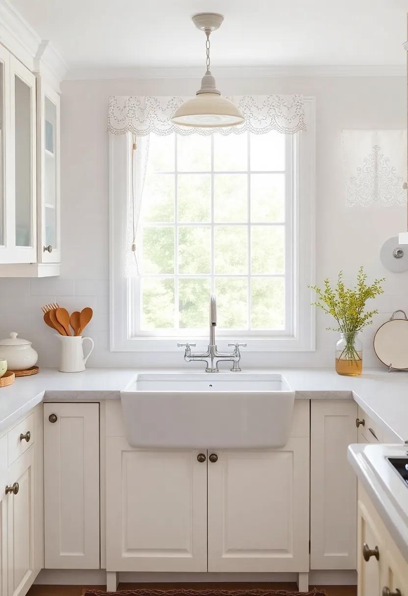 Bright and Breezy: This light-filled kitchen boasts ‌a cheerful farmhouse ‍sink⁤ perched‌ in front⁢ of⁣ a large window, surrounded by charming details such as lace curtains ⁣and mismatched⁣ china