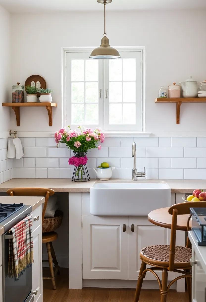 Charming⁣ Culinary Nook: ⁤A compact kitchen full of personality, complete with a farmhouse sink nestled beside a quaint dining nook adorned with fresh flowers and vintage kitchenware