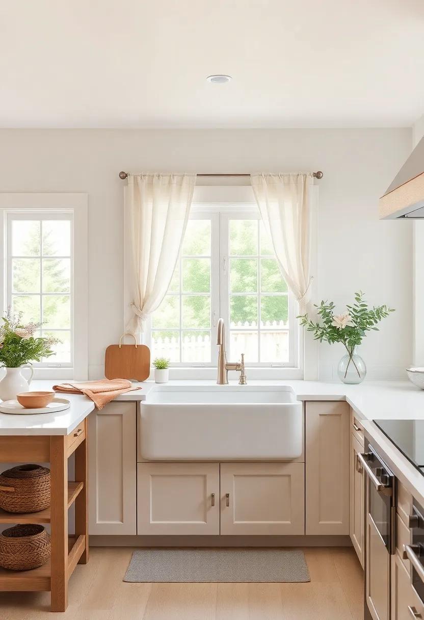 Country Chic: With a ⁤neutral color palette and soft linens ‍draping from the windows, this kitchen incorporates a beautiful farmhouse sink that radiates rural ‌sophistication