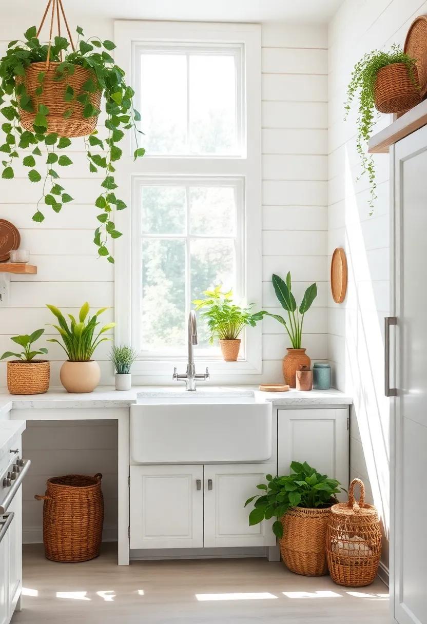 Cozy Corner Delight: A sun-drenched kitchen with white shiplap walls and a rustic farmhouse​ sink, surrounded by lush indoor plants and woven baskets that evoke a sense of⁢ tranquility