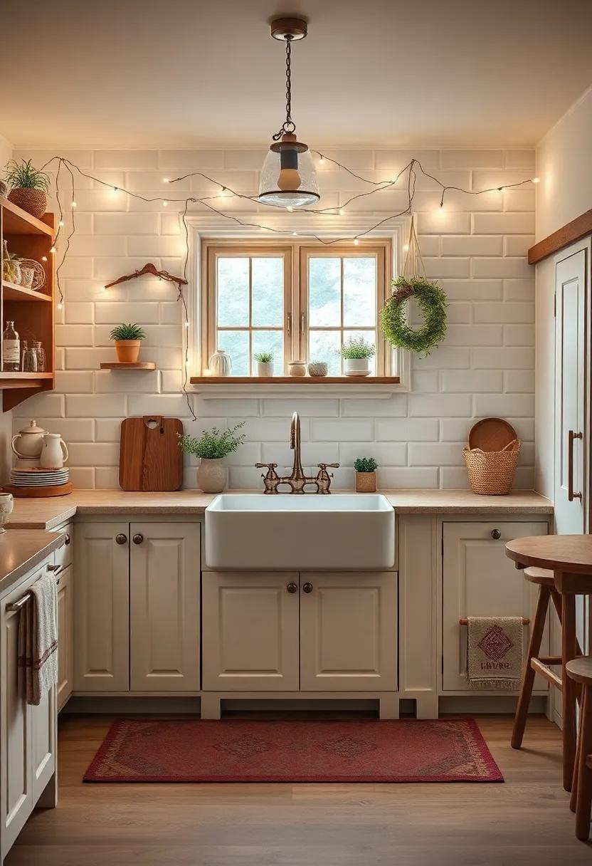 Enchanted Allure: With twinkling fairy lights and rich, wooden accents, ‌this dreamy​ kitchen features a farmhouse sink that⁢ perfectly‌ captures the ethereal​ essence of cottagecore living