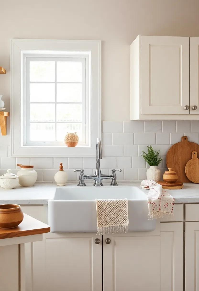 Farmhouse Serenity: A soft palette of pastel hues adorns this kitchen, where a large farmhouse sink is complemented by ⁣handmade pottery and charming hand-knit dishcloths for a‌ personal ‌touch