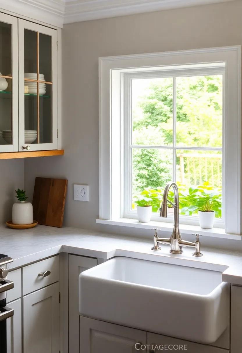 Garden View Kitchen: With a farmhouse sink positioned perfectly to gaze outside‌ at a flourishing ‍herb⁤ garden, this kitchen blends indoor and outdoor living⁣ with delicate porcelain accents