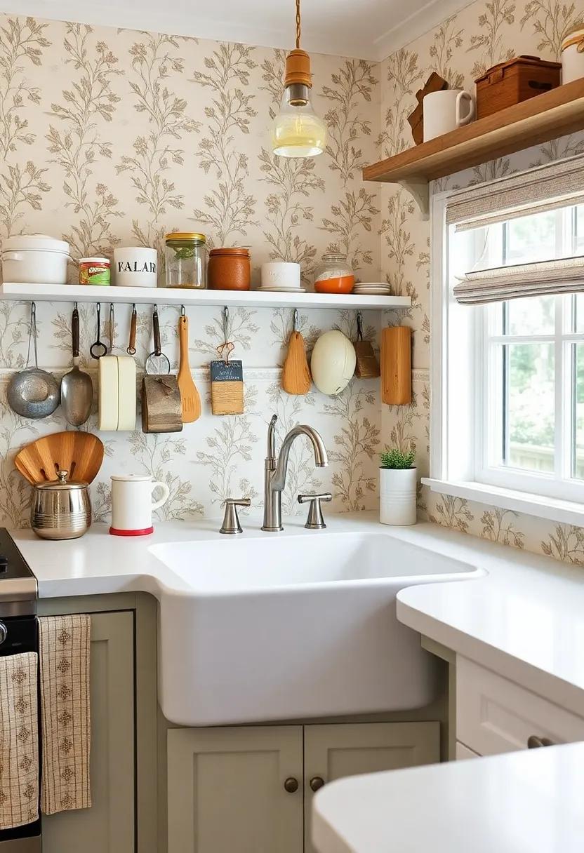 Playful Heritage: Accented by playful wallpaper and vintage kitchen gadgets,this cozy cottage kitchen⁤ flaunts a porcelain farmhouse sink that seamlessly blends​ charm with functionality