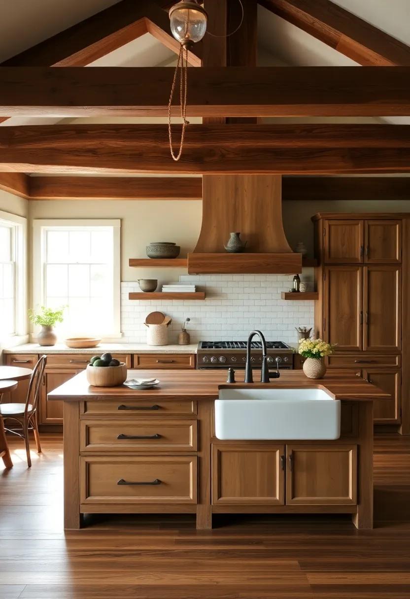 Rustic Retreat: This​ inviting kitchen boasts a reclaimed wood island and a double-basin sink, harmonizing beautifully with exposed beams and handcrafted cabinetry for a truly enchanting atmosphere