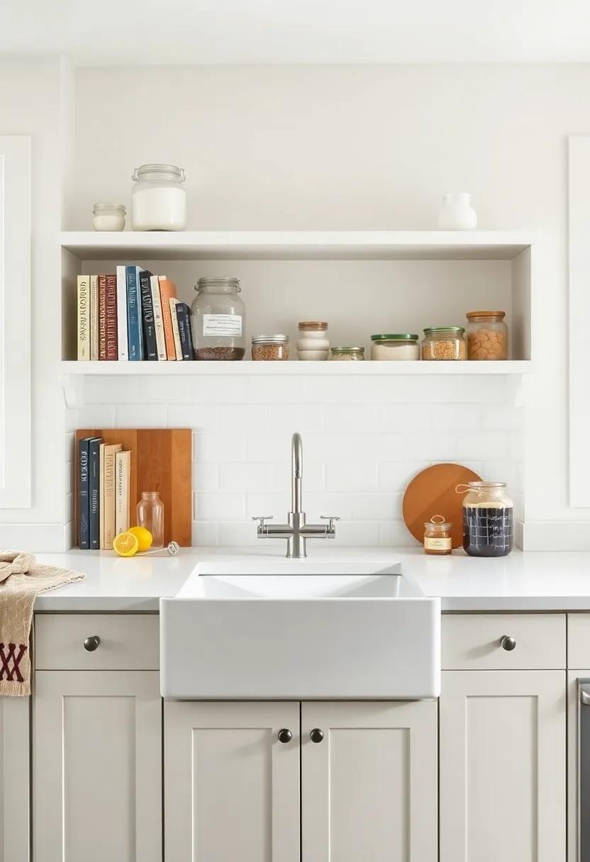 Sunshine and Simplicity: This design‌ emphasizes minimalist beauty, showcasing a sleek farmhouse sink with open shelving filled ⁤with ​handpicked cookbooks and artisanal jars