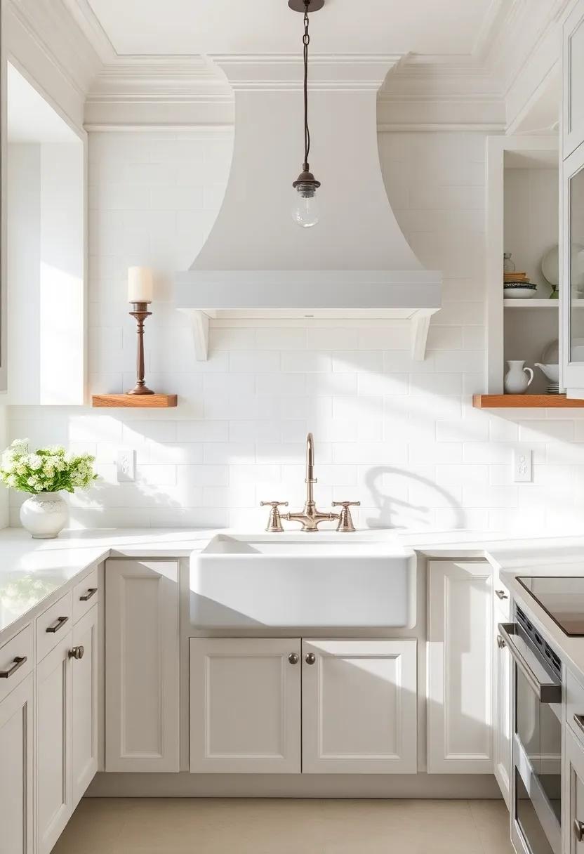timeless Elegance: featuring intricate moldings and a classic white farmhouse sink, this kitchen stands out with its elegant light fixtures and serene color ⁤scheme, perfect ​for culinary creativity