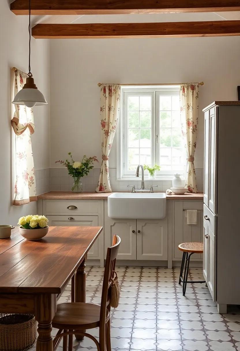 Vintage Charm: ‍Featuring an antique wooden⁢ table paired with a deep apron sink, this cottage kitchen radiates warmth⁣ with its retro tiles and floral curtains fluttering in‌ the breeze