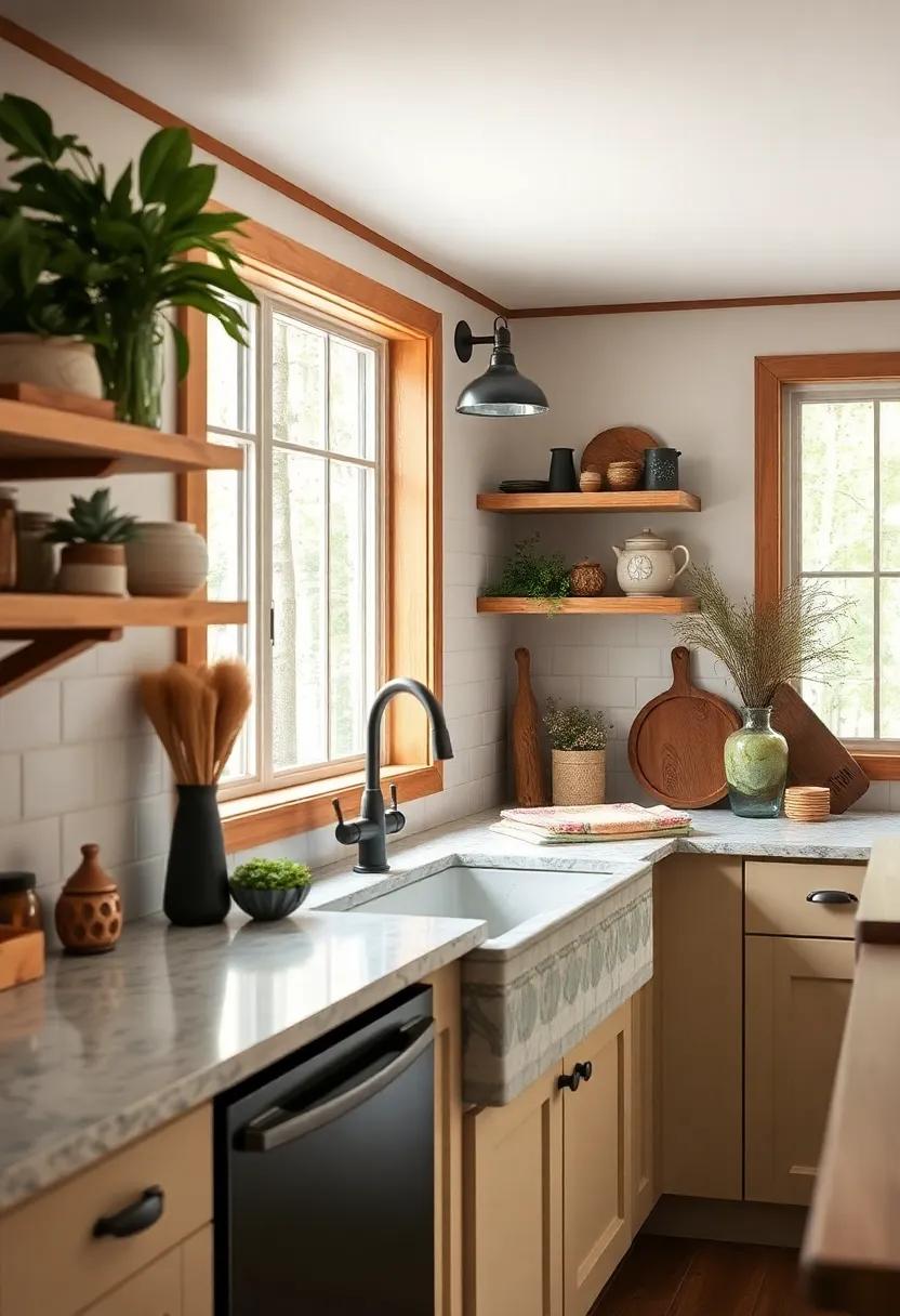 Woodland ⁤Retreat: Nestled in the woods, ‍this cottage kitchen showcases a stone farmhouse sink amidst woodland-themed decor and a palette of earthy tones⁤ that ‍harmonizes with nature
