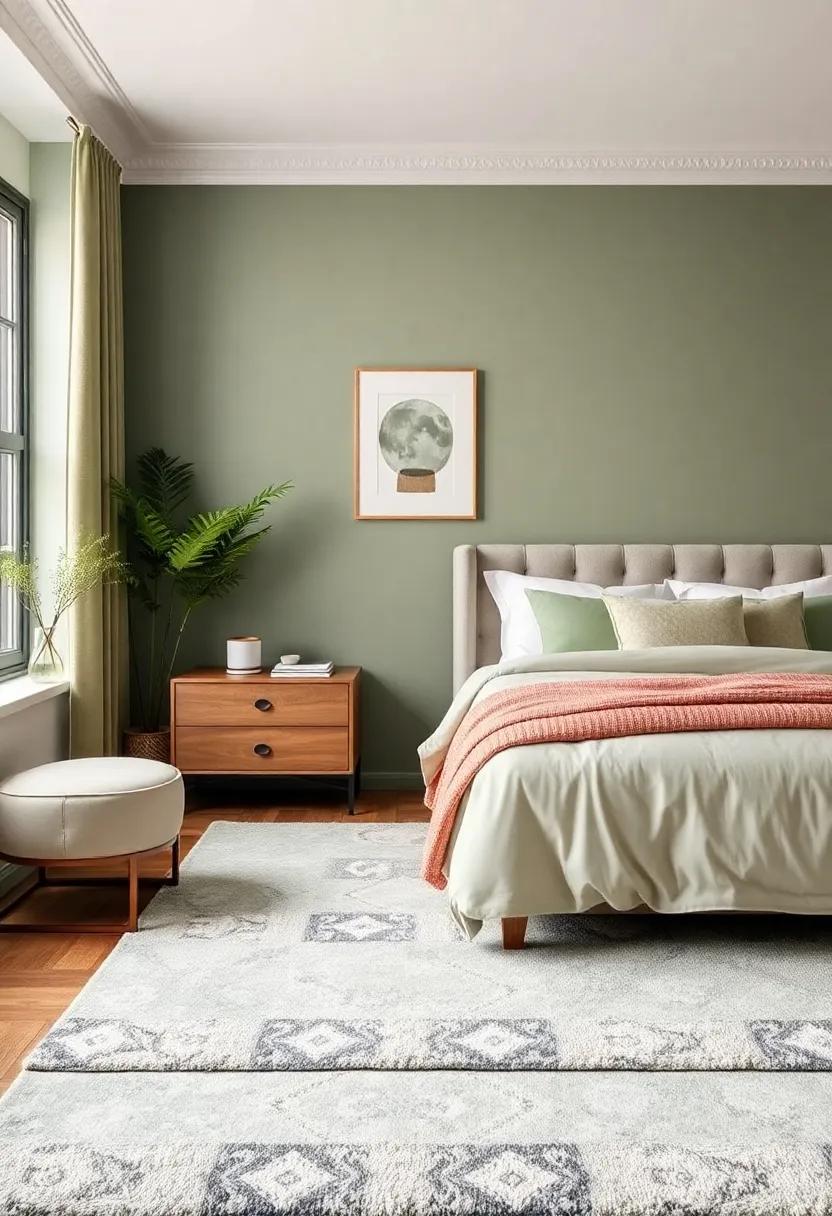 Textured Rugs: Place a plush area rug in a soft sage tone to ground the space and add comfort underfoot