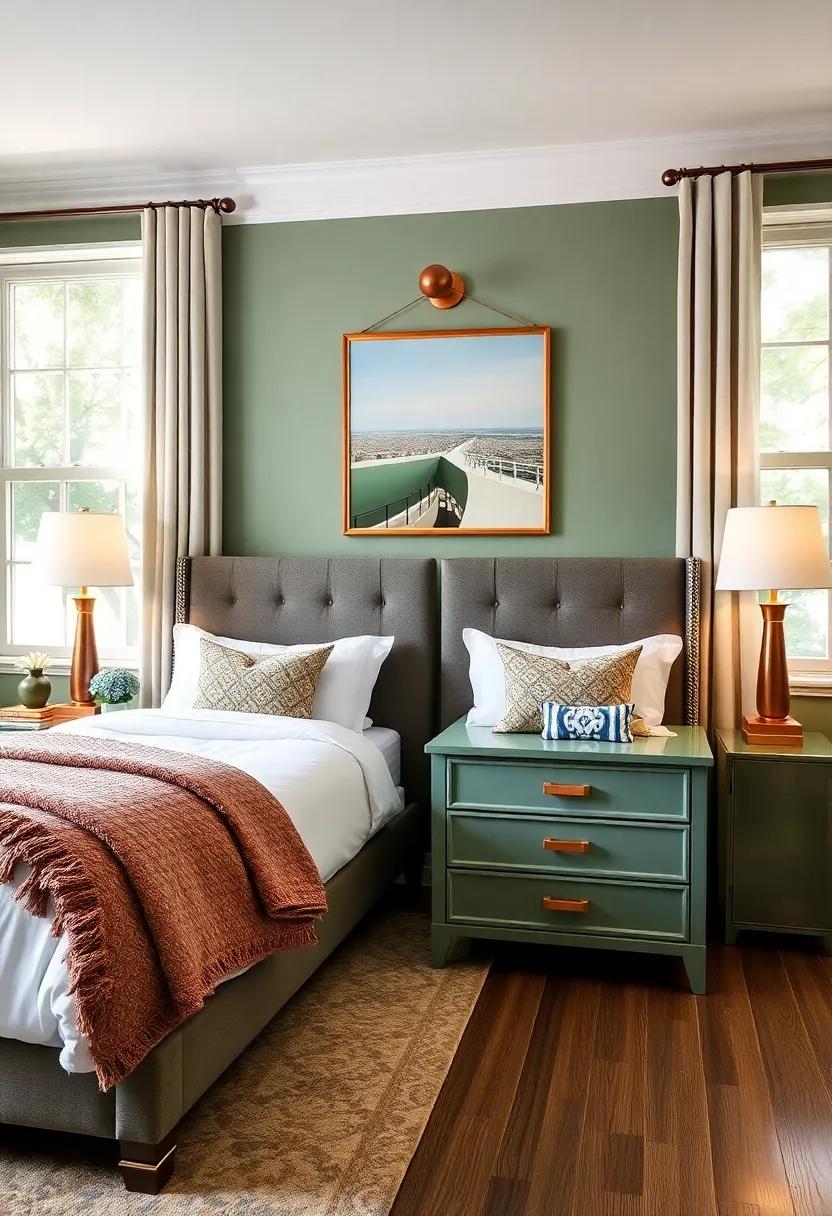 customized Nightstands: paint your nightstands sage green and accent them with copper hardware for a personalized flair