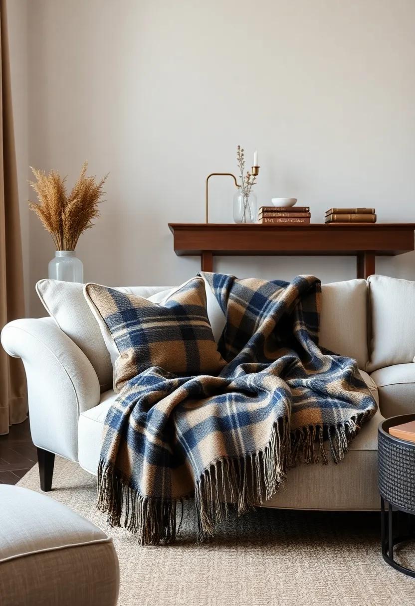 A sophisticated ⁢take on traditional⁣ decor, this living ⁣room incorporates a timeless plaid ‍throw layered over⁤ a ⁢luxe chaise lounge, ⁢embodying the ‌perfect⁢ blend ⁢of elegance and comfort for ⁢a chilly day