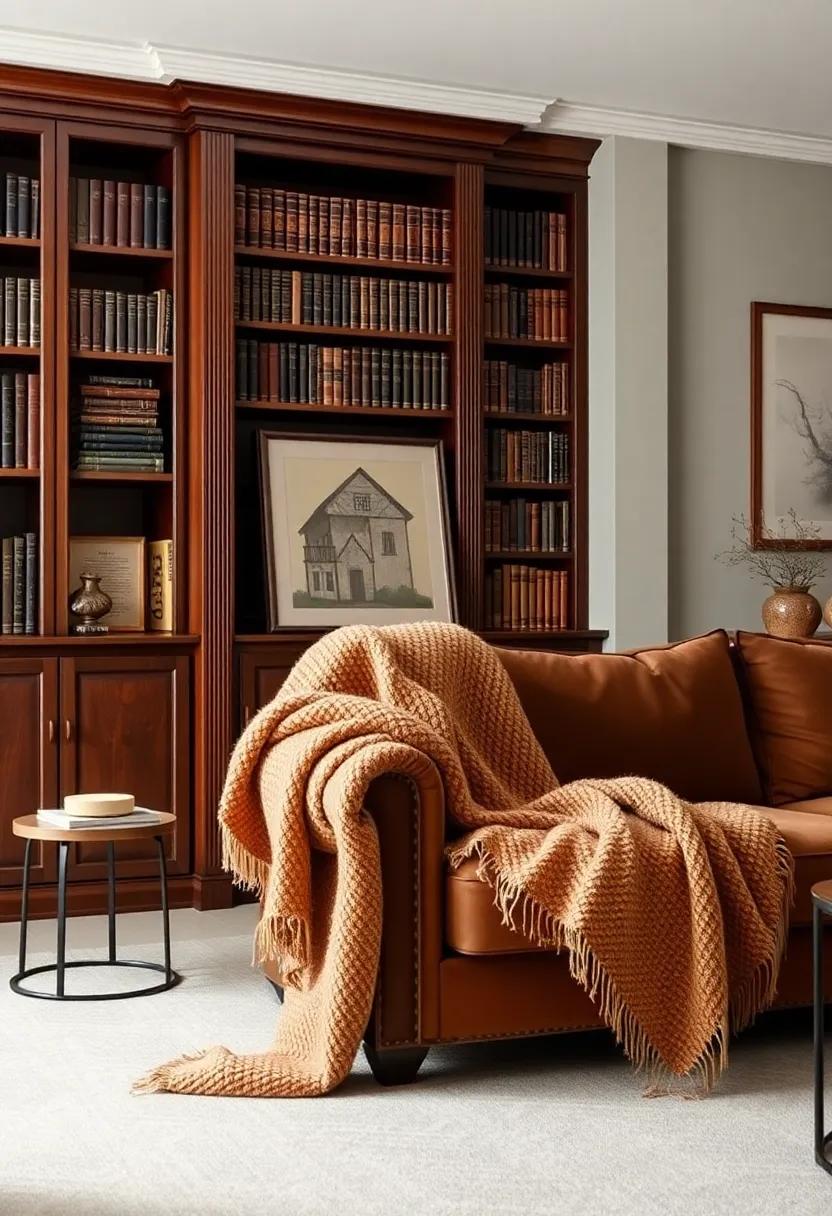 A classic library-inspired ‌living ⁤room welcomes you with‍ rich mahogany shelving⁣ and plush seating, complemented by⁣ a soft, luxurious shawl hanging invitingly from⁣ the corner of ‌the couch