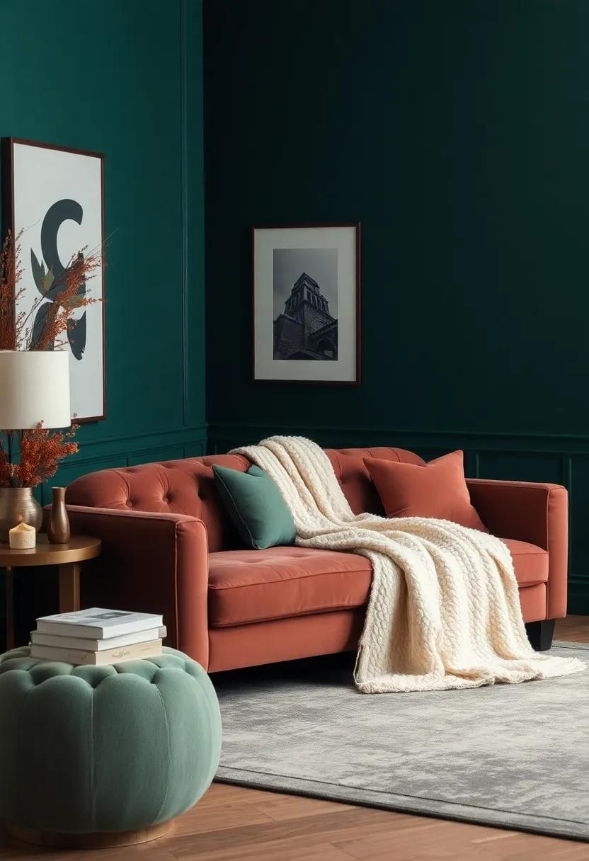 A sophisticated lounge exudes ⁤elegance with deep ‍emerald‌ walls ⁢and⁢ a classic tufted couch, while a‍ simple yet⁢ luxurious throw provides ‌the perfect ​accent for an evening of relaxation