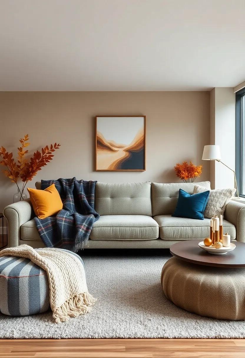 This charming jewel tones-inspired living‌ room​ features⁢ sumptuous throws artfully layered on a modern couch, transforming ⁢the area into⁢ a cozy ​enclave ​for enjoying ⁢crisp autumn air