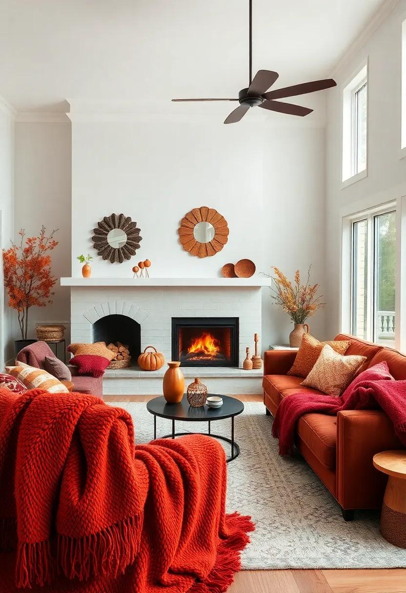 Experience ⁤the⁢ magic of autumn hues in this‌ living room,where a⁤ rainbow of soft throws in deep⁤ reds and oranges invite you to bundle up while‌ enjoying ⁣the crackling ⁣warmth of a nearby‍ fireplace