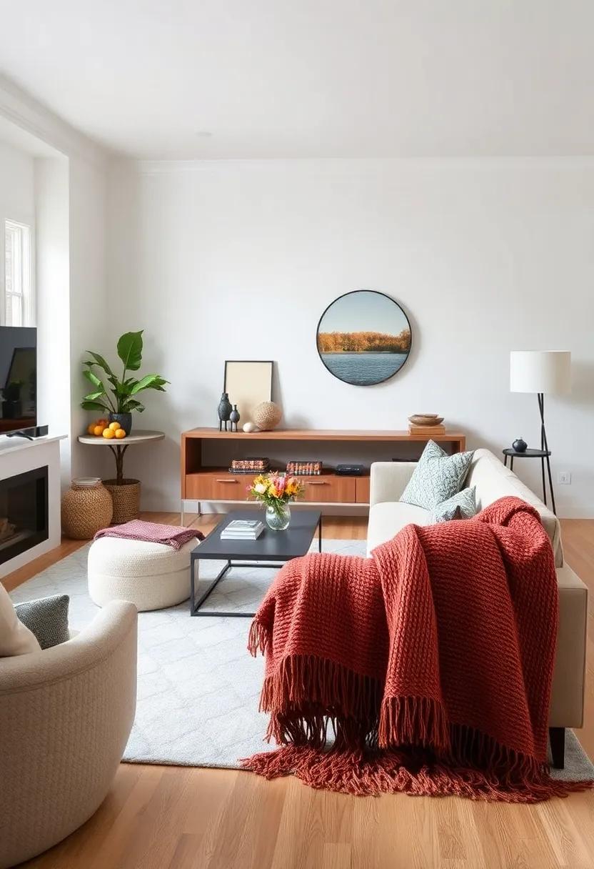 An⁤ artistic ⁣sanctuary unfolds in this contemporary​ living room, where a vibrant woven⁣ throw adds‌ an eye-catching focal point, inviting creativity and warmth ⁣as ⁤the leaves ‌begin to turn