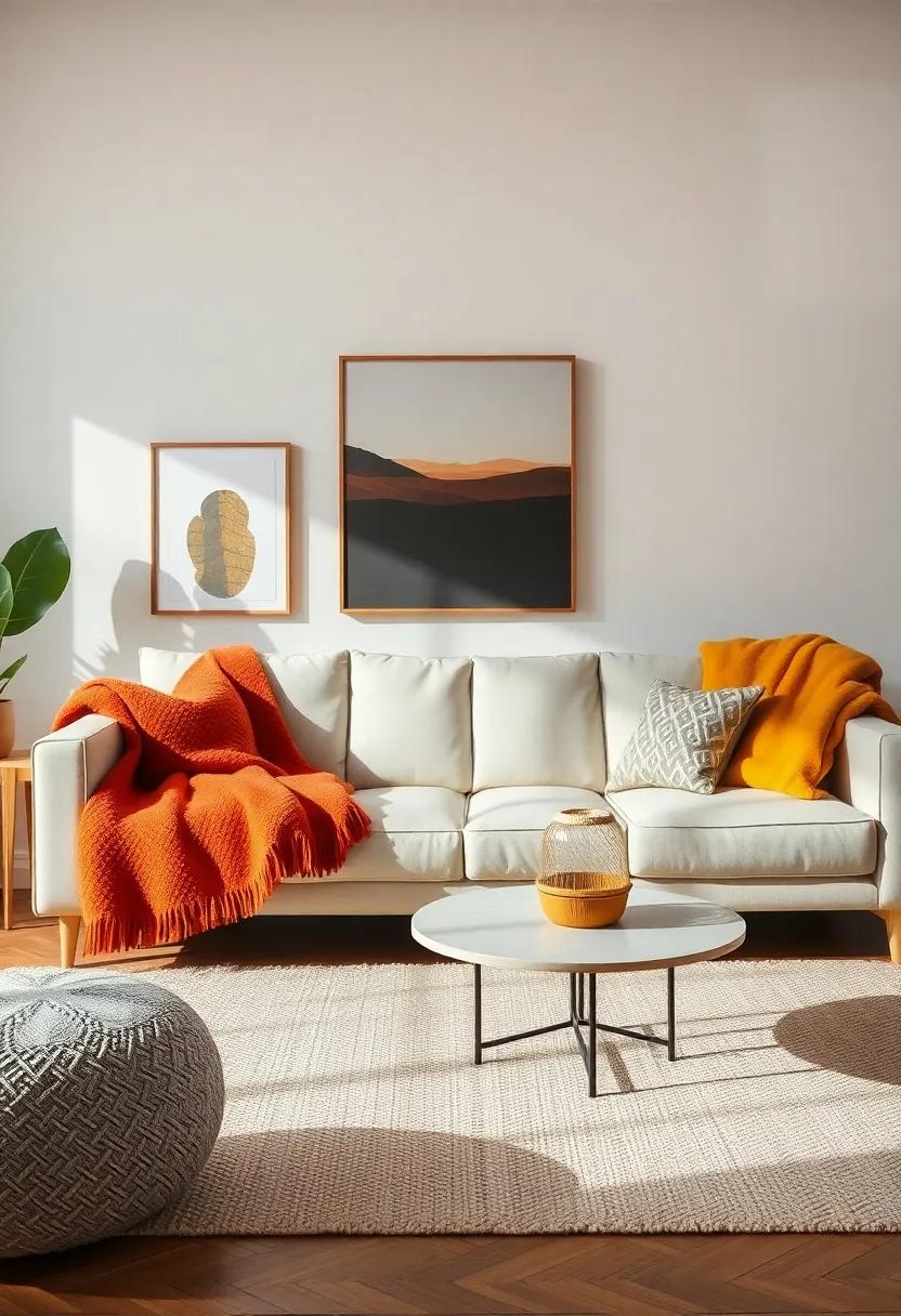 Discover the perfect blend of ⁤comfort and style ⁤in ⁢this eclectic living room,‍ where vibrant throw ​blankets in shades of burnt orange and mustard⁢ yellow are layered over a ‍minimalist couch, offering⁣ a touch of fall‍ warmth