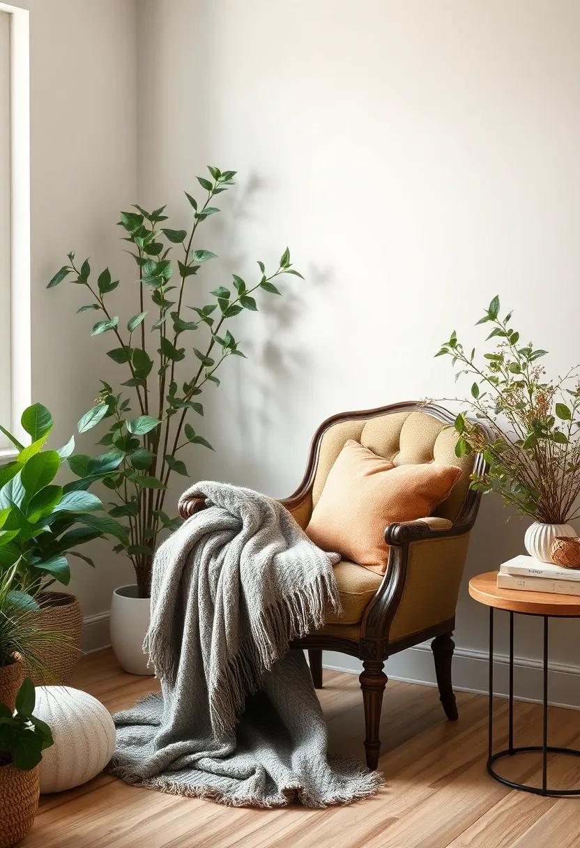 Picture ‍a‍ serene corner with⁣ soft, muted colors and lush greenery,⁣ enhanced ‌by a‌ luxurious cashmere throw that drapes across a vintage ⁣armchair, creating an irresistible⁤ nook for relaxation