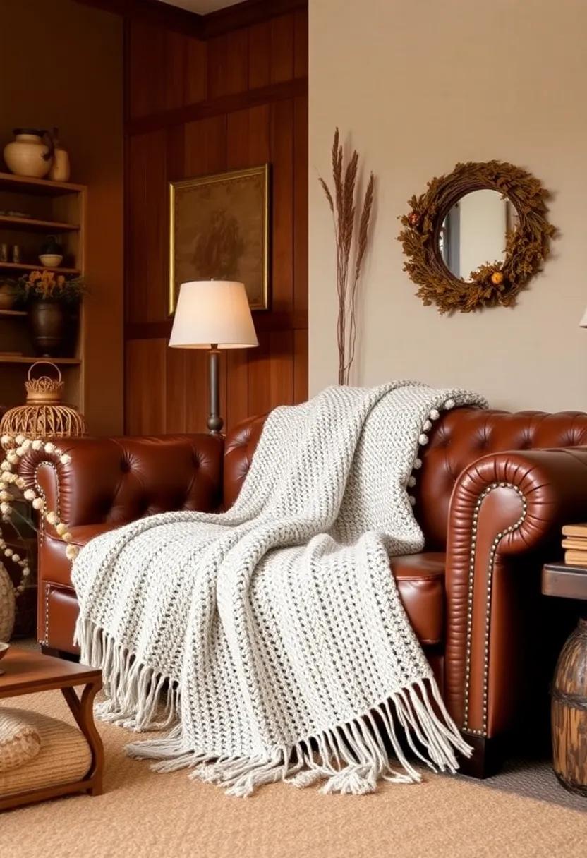 step⁤ into a ‌cozy cottage ambiance⁢ adorned with rich earth⁤ tones, where a ‌hand-woven throw is layered‌ artfully‍ on a ‌classic leather ‍sofa, inviting you to ‌sink in and enjoy the season's charm
