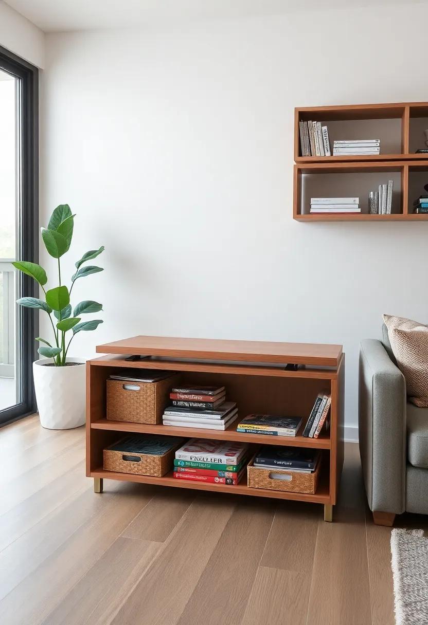 Tiered Wall Shelf with Concealed Cubes: Showcase ⁢your⁢ favorite knickknacks on tiered shelves that include hidden cubes for extra storage,‍ combining function and flair