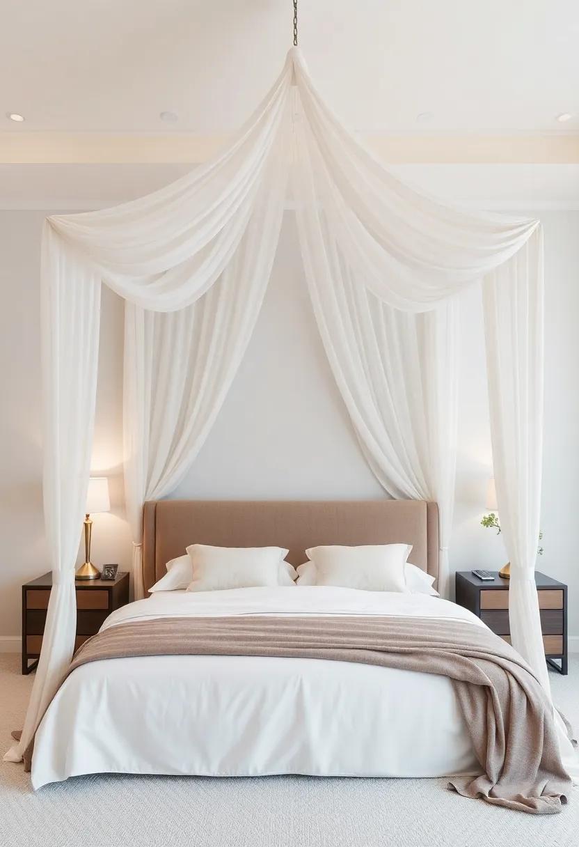 Elegant Canopy: A soft fabric canopy in neutral tones can⁣ create a dreamy focal ⁢point above ⁣the bed ​for added serenity