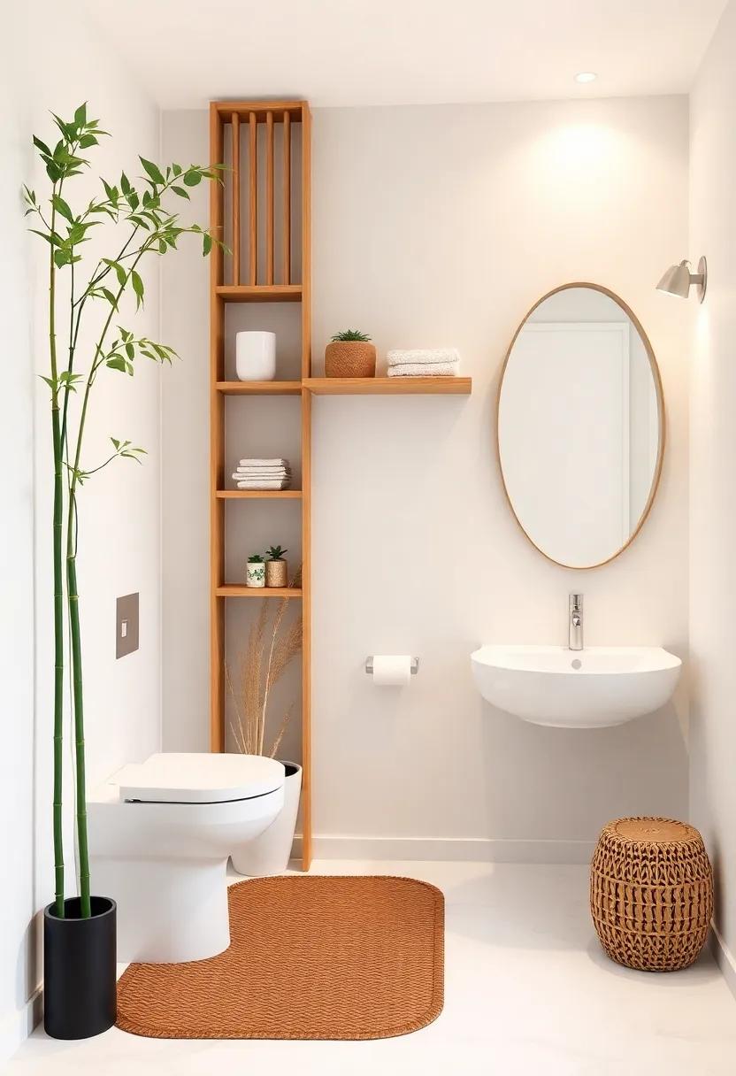 Bamboo Accents: Introduce bamboo accents through shelving or bath mats for an eco-friendly touch that adds warmth and texture to minimal spaces