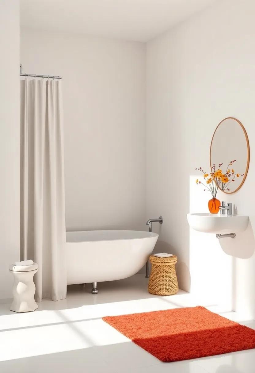 Colorful accents: Inject a pop of color with a strategically placed piece, such as a bold shower curtain or rug, to make a statement without overwhelming the design
