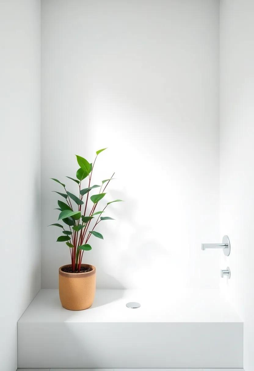 Add a pop of color with a potted plant that thrives in humid environments, bringing life and vibrancy to your serene sanctuary