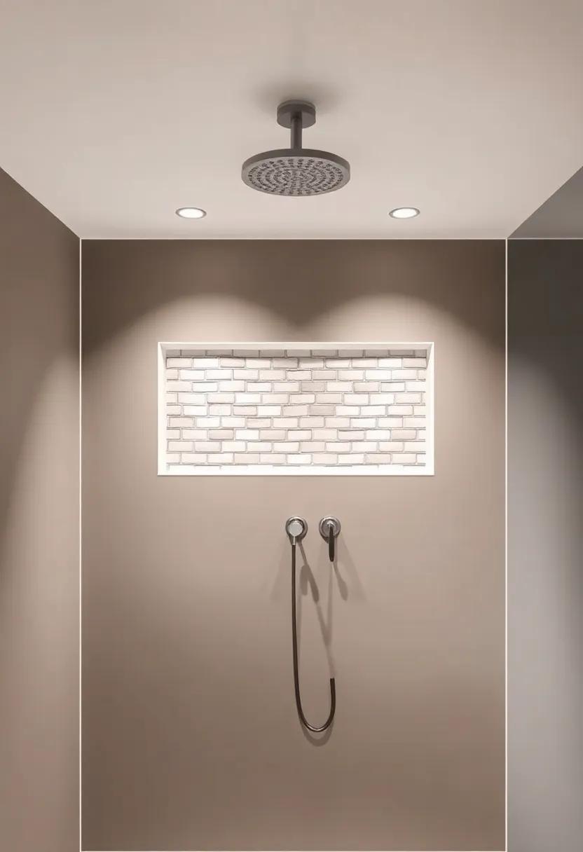 Choose a minimalistic color splash with a single accent tile behind the shower faucet, creating a focal point that is both striking and subtle