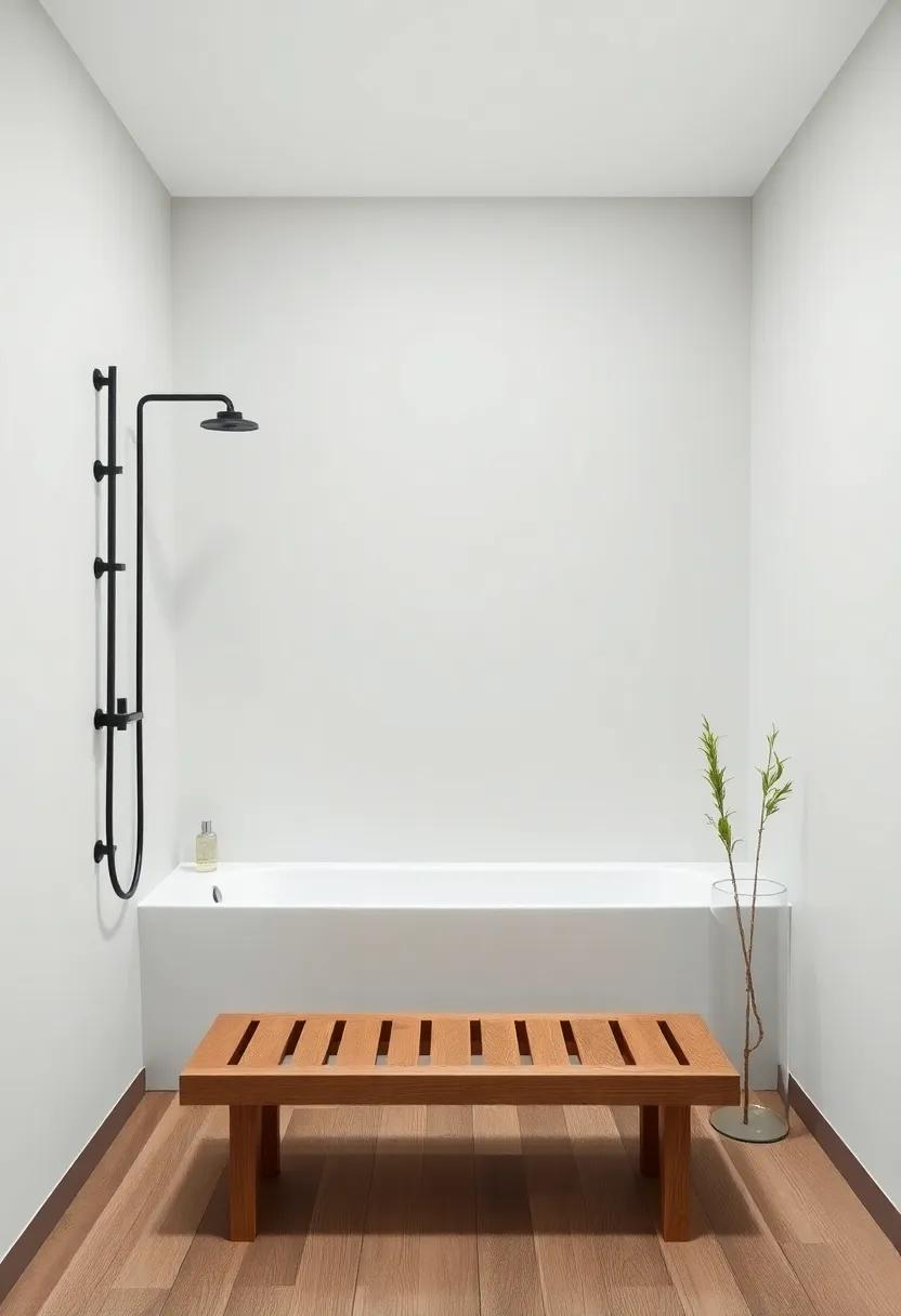 Create a spa-like environment with a natural wood bench that allows for relaxation while complementing the minimalist theme