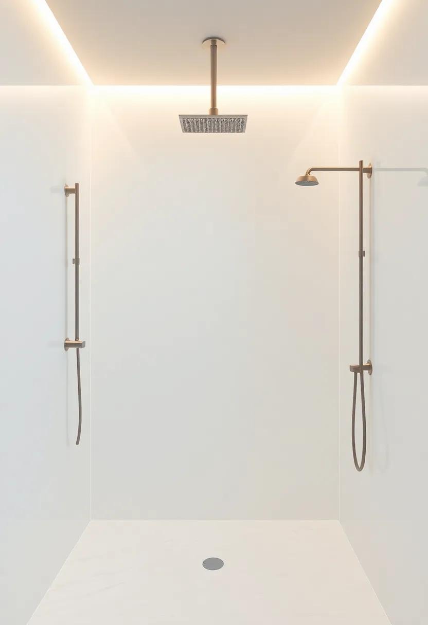 Design an inviting ambiance with soft, under-shelf lighting that casts gentle shadows and highlights the minimalist elements of your shower