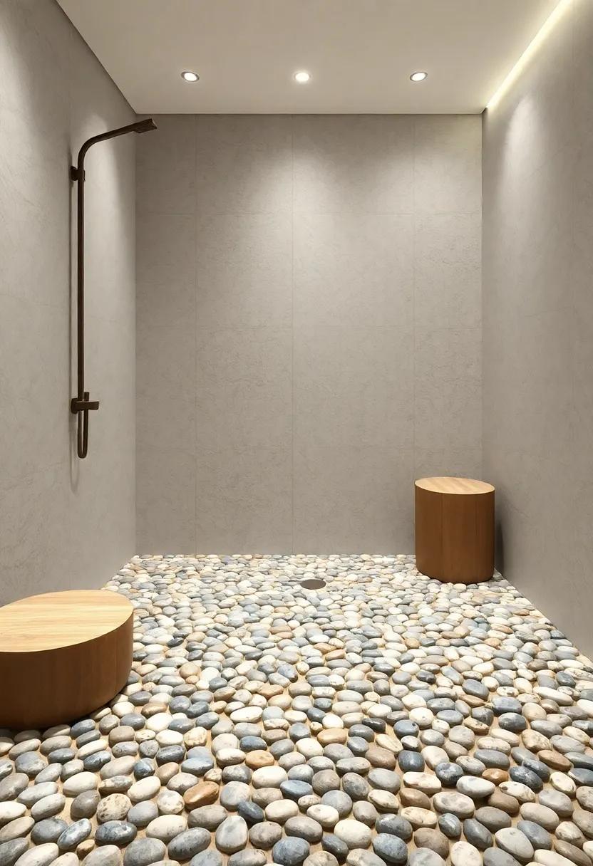 Discover the calming effect of a pebble stone shower floor that connects you with nature,offering an organic touch to your minimalist retreat
