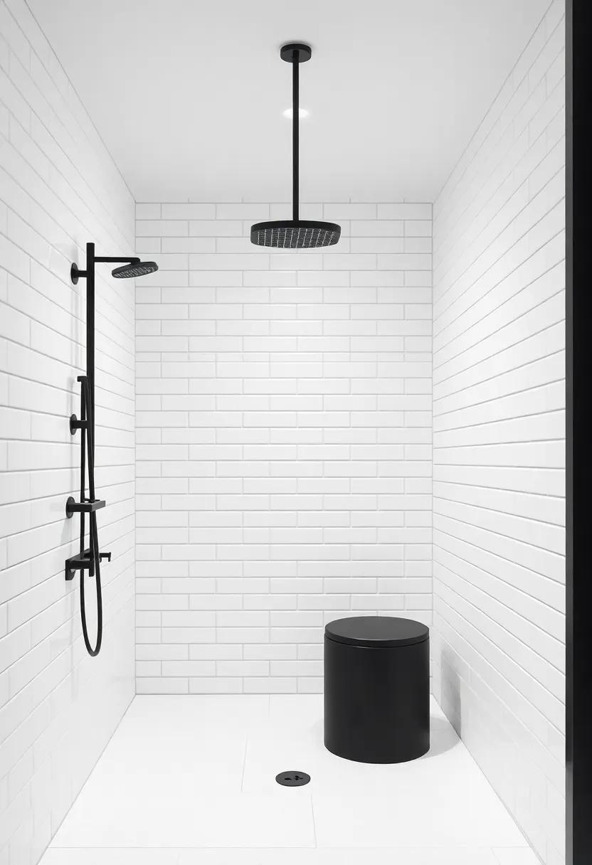 Experience the elegance of a monochromatic color palette, where white tiles and black fixtures harmonize to create a sleek, modern vibe