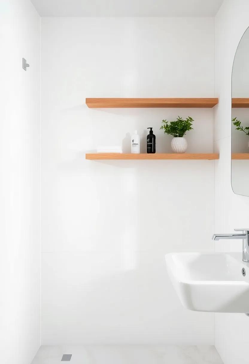 Opt for floating shelves made of natural wood to hold essentials; they provide storage without overwhelming the minimalist aesthetic